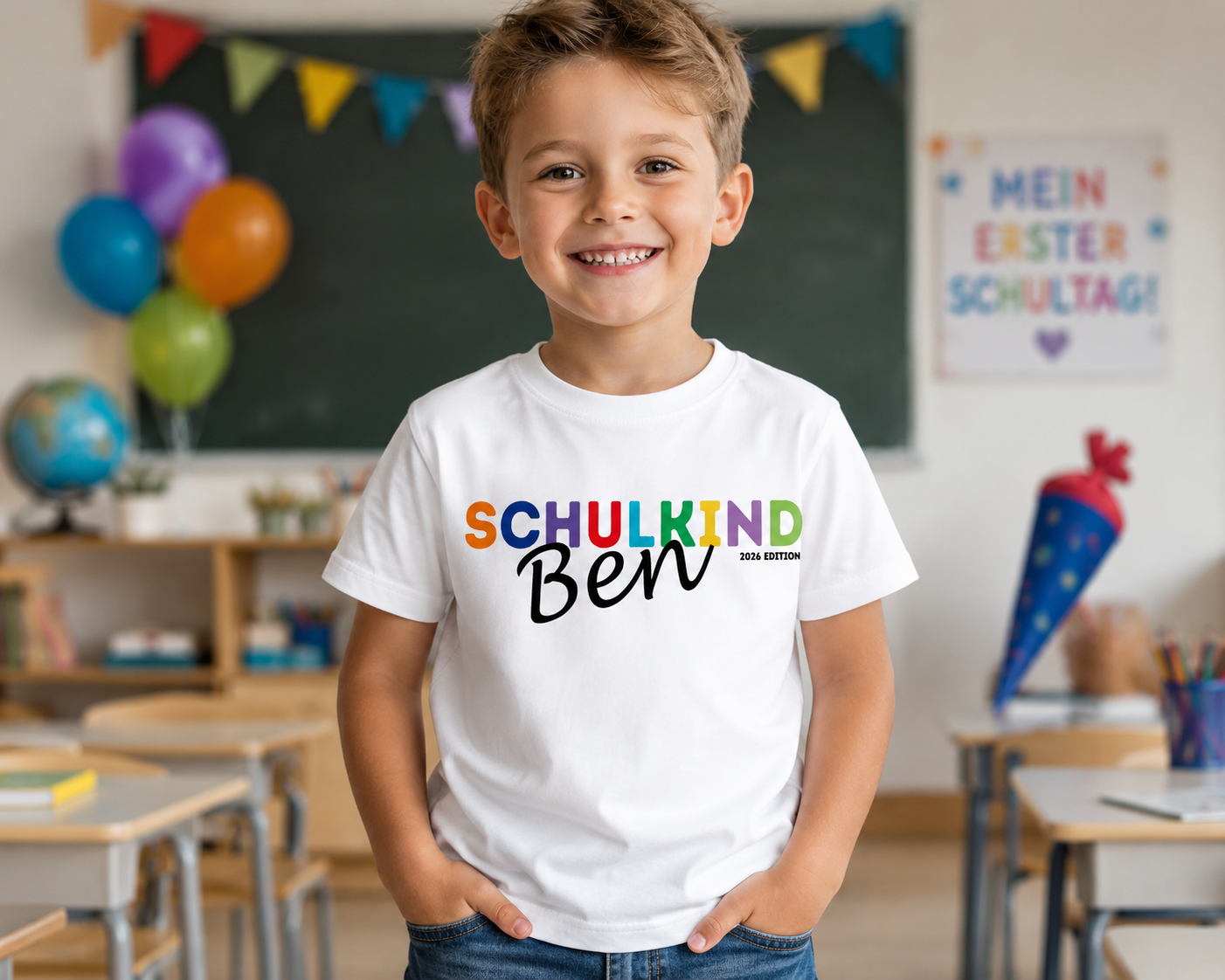 Schulkind Shirt bunt bedruckt mit Namen – Geschenk zur Einschulung