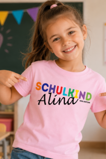 Schulkind Shirt bunt bedruckt mit Namen – Geschenk zur Einschulung