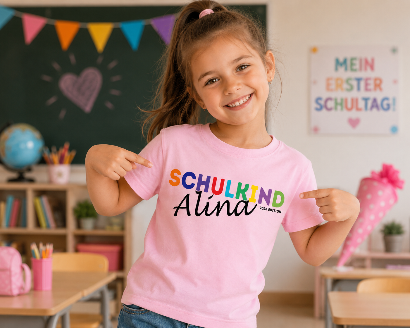 Schulkind Shirt bunt bedruckt mit Namen – Geschenk zur Einschulung