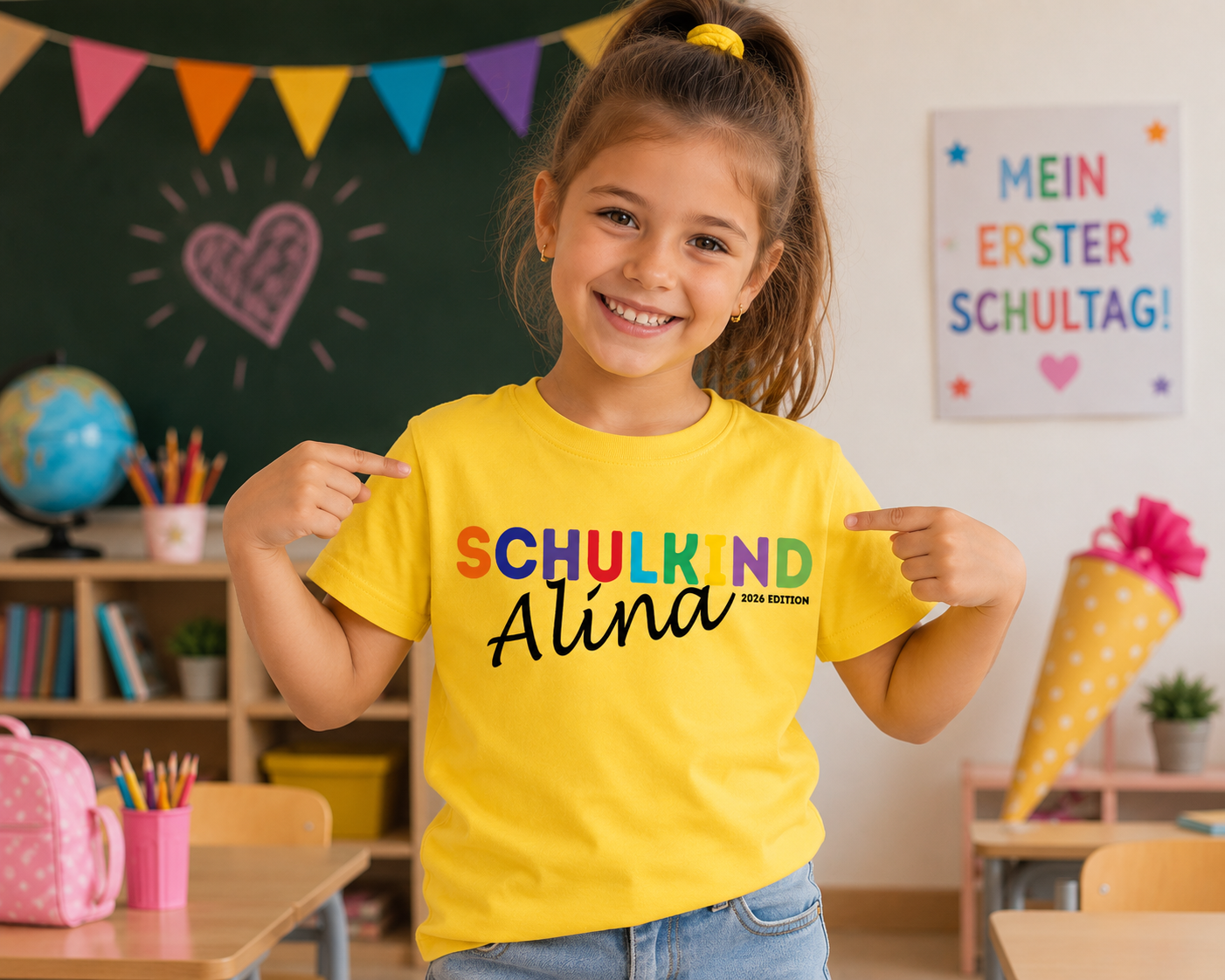 Schulkind Shirt bunt bedruckt mit Namen – Geschenk zur Einschulung
