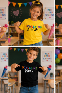 Schulkind Shirt bunt bedruckt mit Namen – Geschenk zur Einschulung