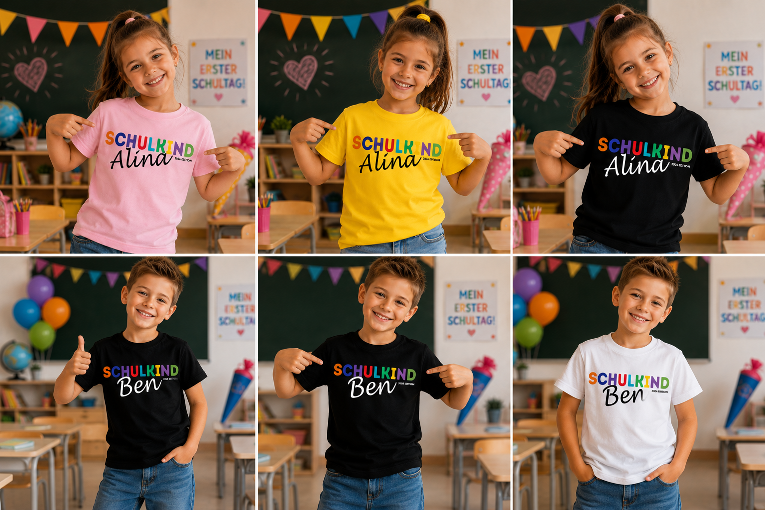 Schulkind Shirt bunt bedruckt mit Namen – Geschenk zur Einschulung