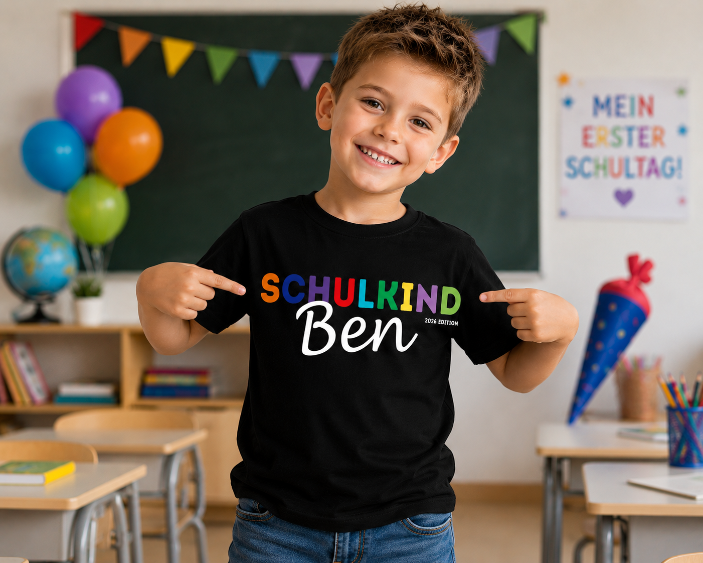 Schulkind Shirt bunt bedruckt mit Namen – Geschenk zur Einschulung