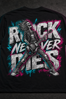 Schwarzes Rock T-Shirt mit großem Skelett-Gitarristen und „Rock Never Dies“-Print auf flacher Rückansicht, heavy metal tee im Dark-Style