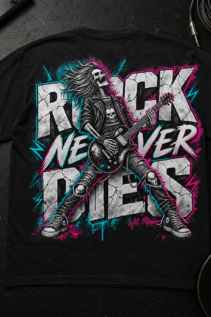Schwarzes Rock T-Shirt flach ausgelegt mit Skelett-Gitarrist und „Rock Never Dies“, umgeben von Musik-Equipment im Band-Style