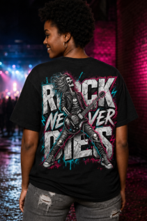 Frau von hinten trägt schwarzes Rock T-Shirt mit Skelett-Gitarrist auf einem nächtlichen Stadtweg, alternative tee mit Gothic-Rock-Stimmung