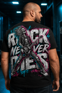 Schwarzes Rock-T-Shirt-Motiv mit Skelett-Gitarrist, großer Schrift 'Rock Never Dies' in Neonfarben.