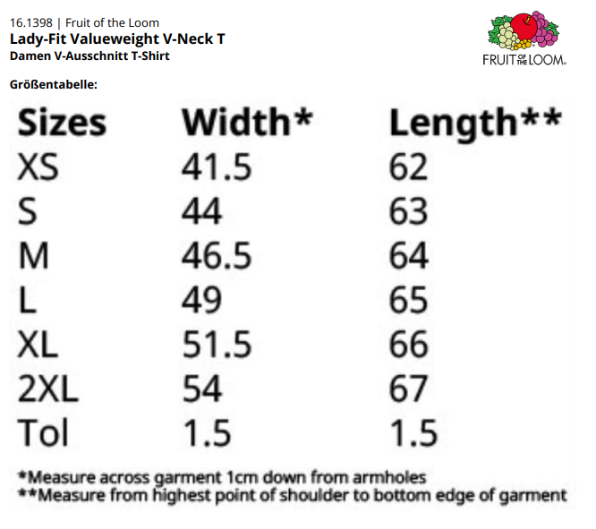 Größenleitfaden für Fruit of the Loom V-Neck T für Frauen