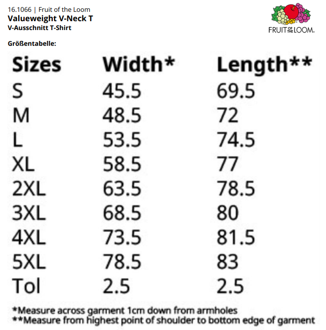 Größenleitfaden für Fruit of the Loom V-Neck T für Männer