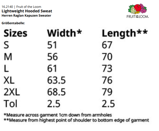 Größenleitfaden für Lightweight Hooded Sweat