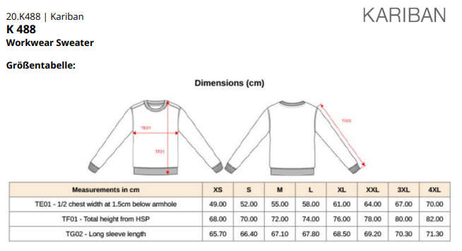 Größenleitfaden für Sweater Kariba