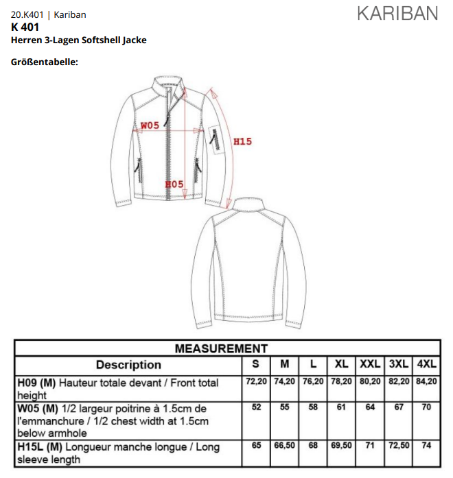 Größenleitfaden für Softshell Jacke Karibia
