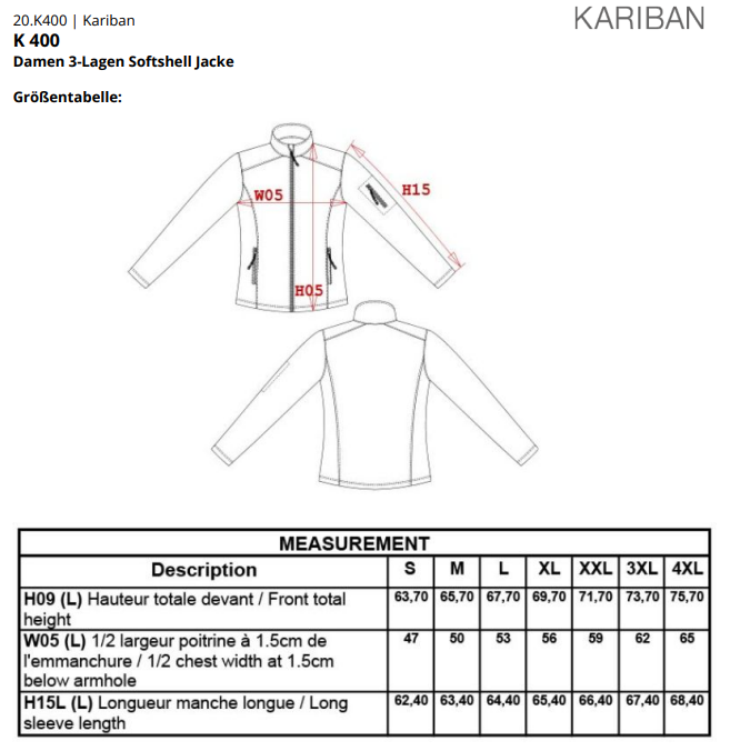 Größenleitfaden für Softshell Jacke Bella