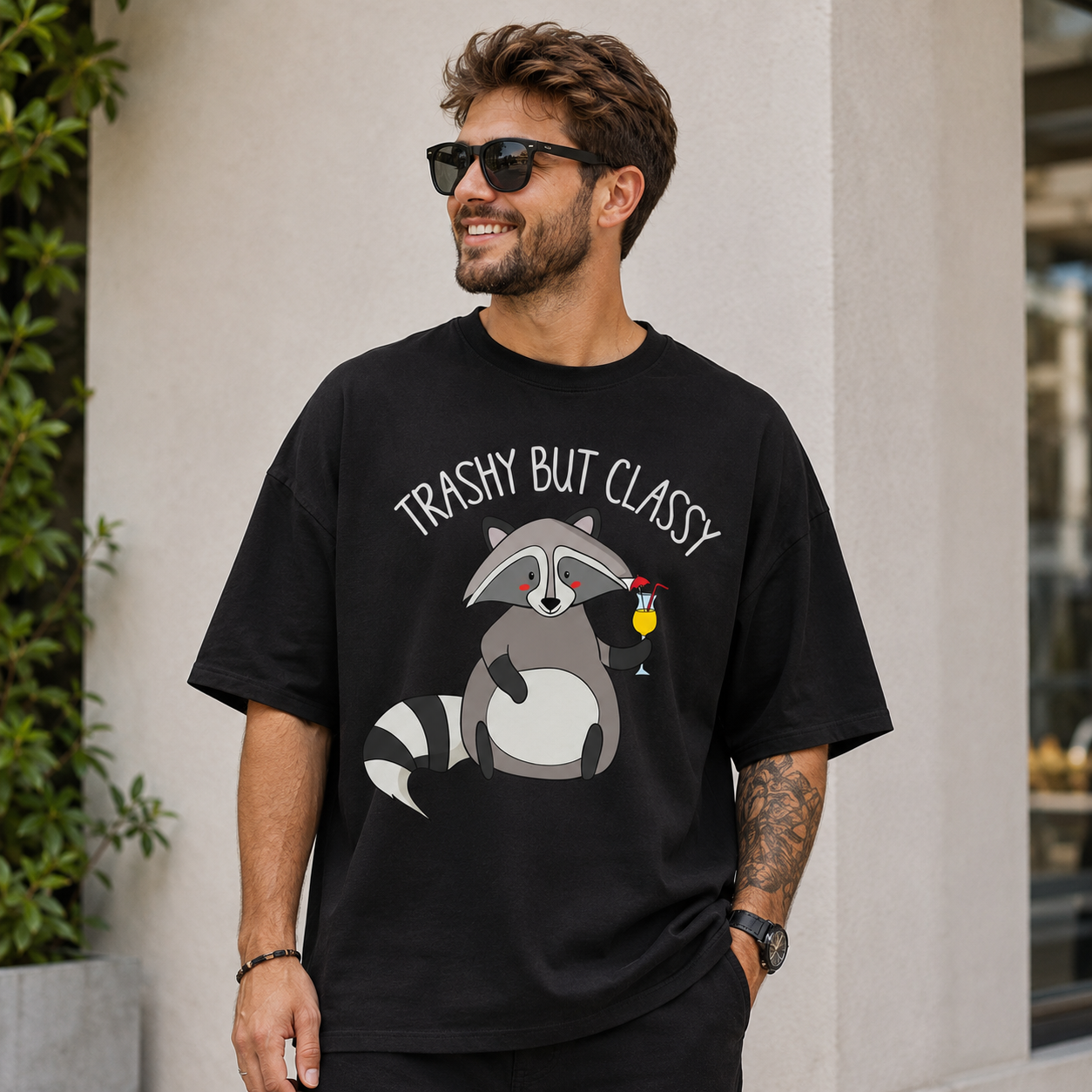 Shirt mit Spruch Trashy But Classy, Waschbär mit Cocktail-Motiv, individuell bedrucktes T-Shirt von WebZen
