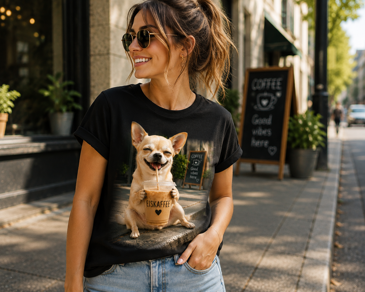 Lustiges Hunde Shirt Chihuahua Eiskaffee – bedrucktes T-Shirt mit Hundemotiv