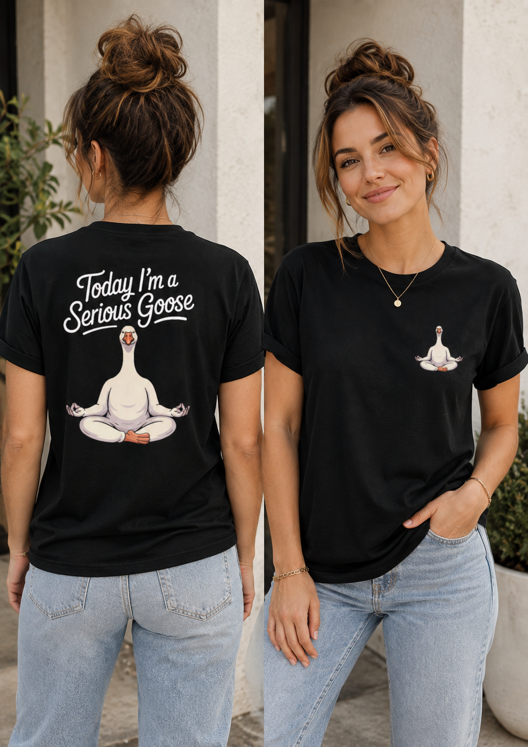 Shirt mit Spruch Today I'm a Serious Goose, meditierende Gans im Yoga-Sitz, Front- und Backprint, individuell bedrucktes T-Shirt von WebZen