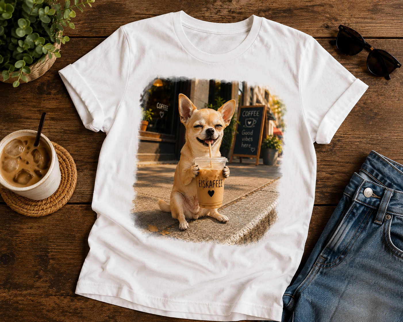 Lustiges Hunde Shirt Chihuahua Eiskaffee – bedrucktes T-Shirt mit Hundemotiv