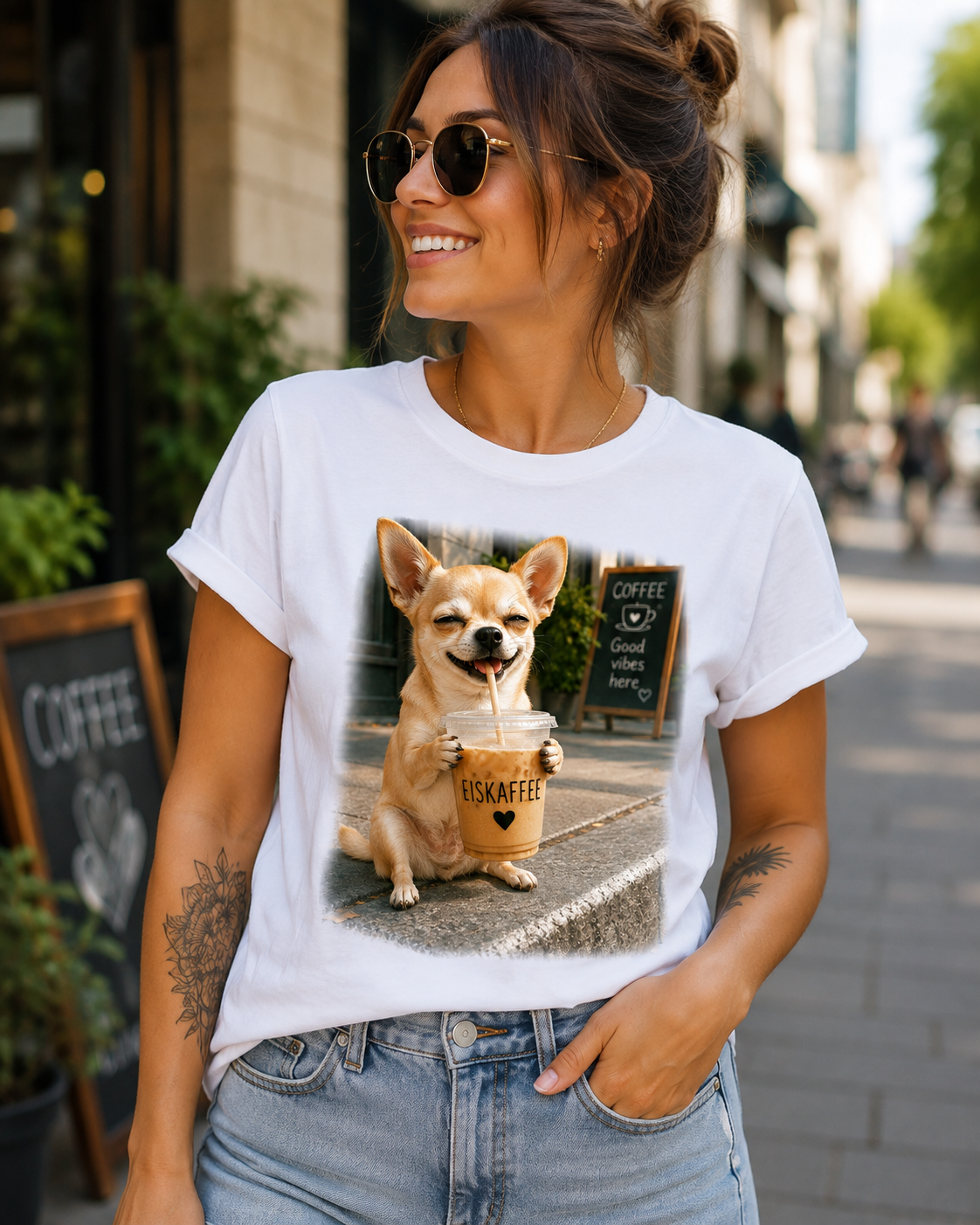 Lustiges Hunde Shirt Chihuahua Eiskaffee – bedrucktes T-Shirt mit Hundemotiv