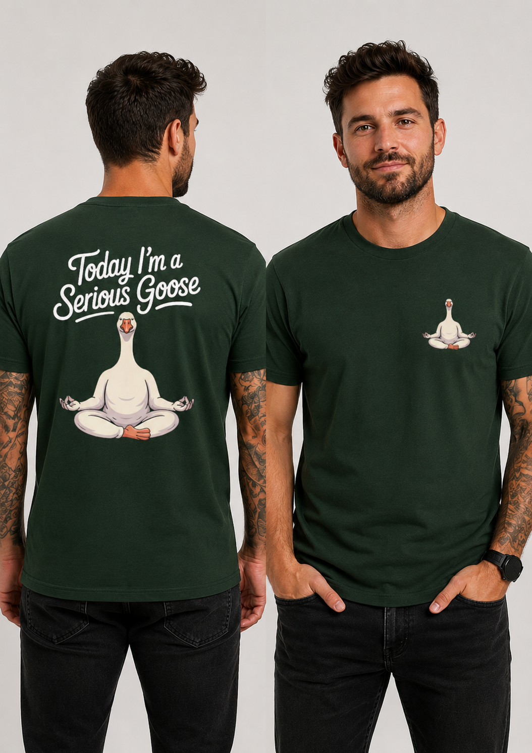 Shirt mit Spruch Today I'm a Serious Goose, meditierende Gans im Yoga-Sitz, Front- und Backprint, individuell bedrucktes T-Shirt von WebZen
