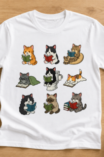 Lustiges Katzen Shirt – türkises T-Shirt mit lesenden Katzen Motiv