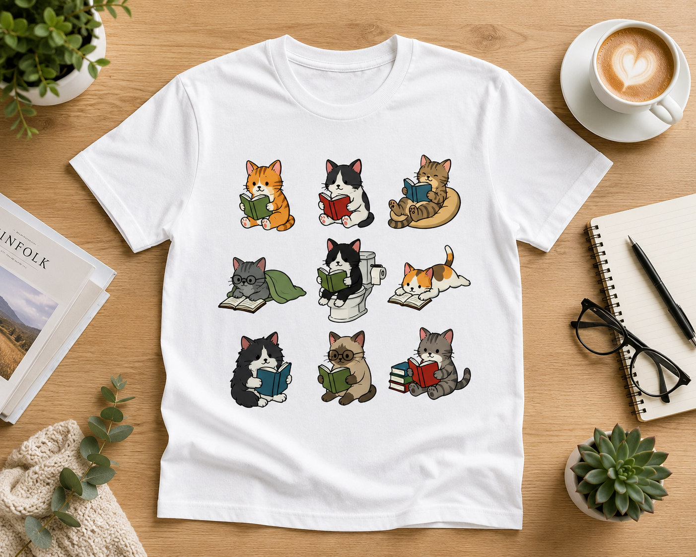 Lustiges Katzen Shirt – türkises T-Shirt mit lesenden Katzen Motiv