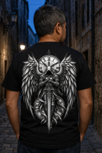 Rückenansicht eines schwarzen T-Shirts mit großem Engel-Motiv in Schwarzweiß: gepanzerte Figur mit Flügeln, Schwert und Uhr-Motiv, getragen in einer engen Altstadtgasse.