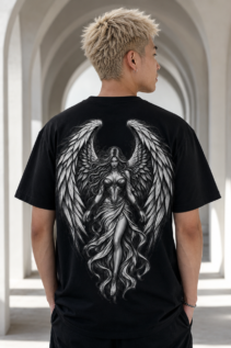 Schwarzes Engel T-Shirt mit großem schwarzweißem Flügel- und Frauenmotiv auf dem Rücken, von hinten getragen in heller Arkaden-Umgebung.