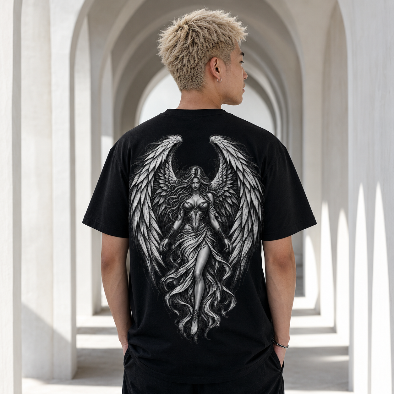 Schwarzes Engel T-Shirt mit großem schwarzweißem Flügel- und Frauenmotiv auf dem Rücken, von hinten getragen in heller Arkaden-Umgebung.