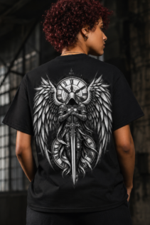Rückenansicht einer Person mit kurzem lockigem Haar auf schwarzem T-Shirt, Engel-Motiv mit Flügeln, Schwert und Uhr-Motiv vor dunklem Innenraum.