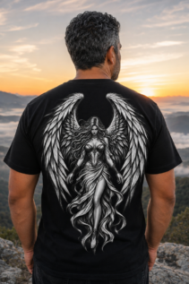 Schwarzes T-Shirt mit großem schwarzweißem Engel-Motiv auf dem Rücken, von hinten getragen vor Sonnenaufgang über Berglandschaft, gothic shirt.
