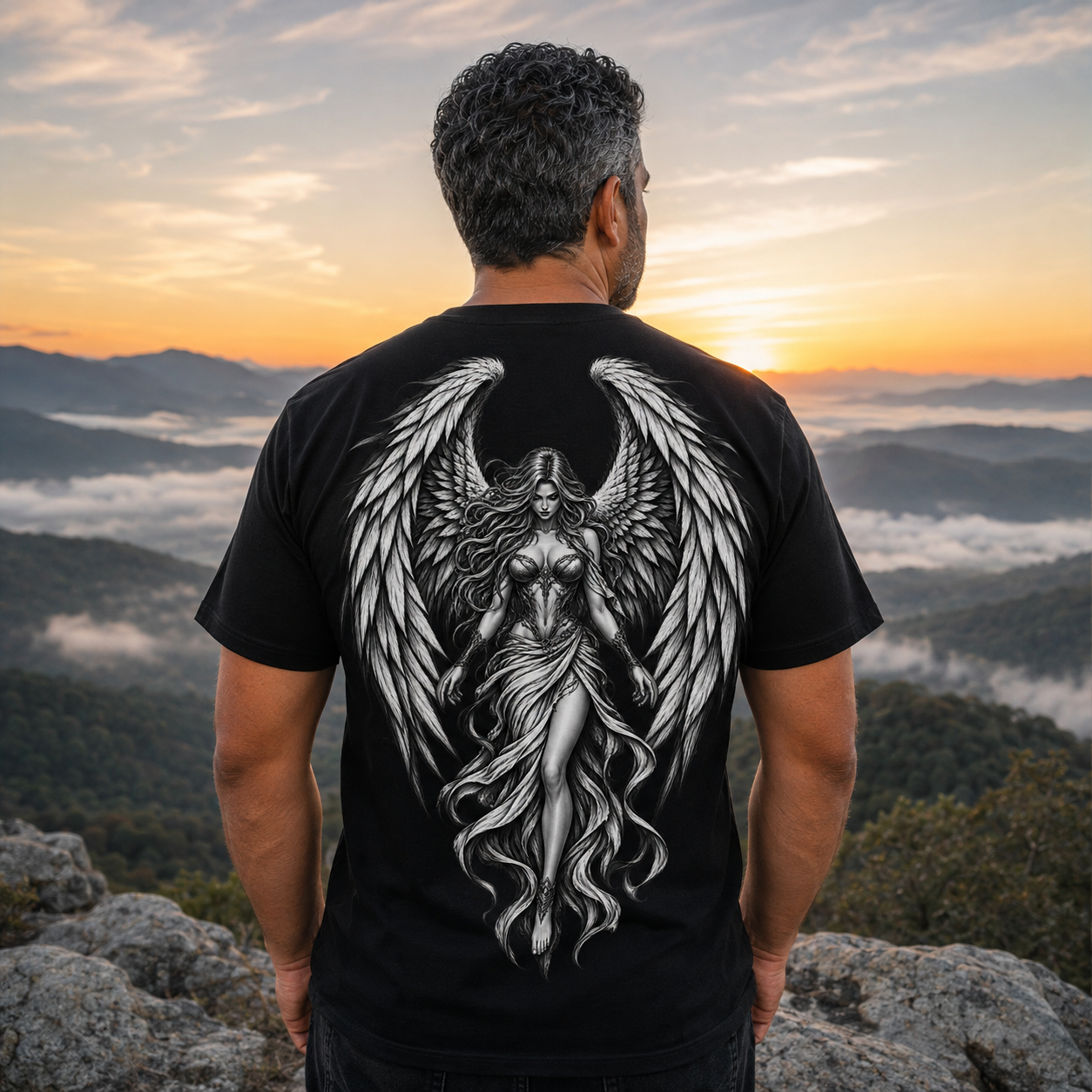 Schwarzes T-Shirt mit großem schwarzweißem Engel-Motiv auf dem Rücken, von hinten getragen vor Sonnenaufgang über Berglandschaft, gothic shirt.
