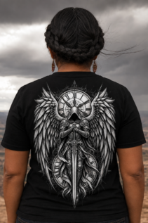 Rückenansicht einer Person auf schwarzem Engel T-Shirt mit großem Schwarzweiß-Print, Flügeln, Schwert und Uhr-Motiv, vor dramatischer Landschaft und Wolkenhimmel.