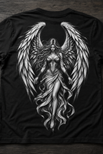 Schwarzes T-Shirt flach ausgelegt mit zentralem schwarzweißem Engelmotiv und großen Flügeln auf dunklem Holzhintergrund, fantasy shirt.