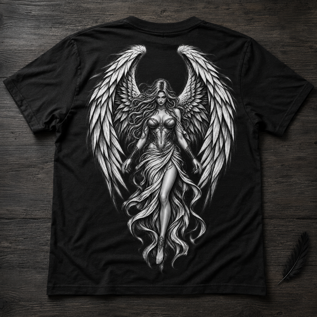 Schwarzes T-Shirt flach ausgelegt mit zentralem schwarzweißem Engelmotiv und großen Flügeln auf dunklem Holzhintergrund, fantasy shirt.