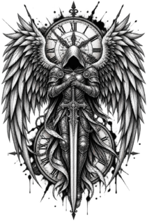 Freigestelltes schwarzes T-Shirt mit großem Schwarzweiß-Druck: Engel-Figur mit Flügeln, Schwert und Uhr-Motiv auf schwarzem Hintergrund.