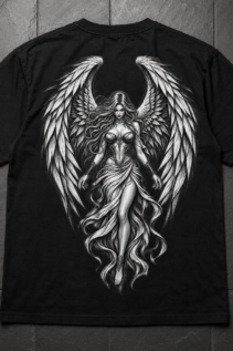 Schwarzes T-Shirt flach ausgelegt mit detailliertem schwarzweißem Engel- und Flügelmotiv auf grauem Steinboden, neben einer Kette.
