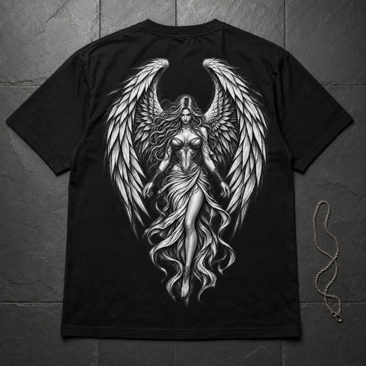 Schwarzes T-Shirt flach ausgelegt mit detailliertem schwarzweißem Engel- und Flügelmotiv auf grauem Steinboden, neben einer Kette.