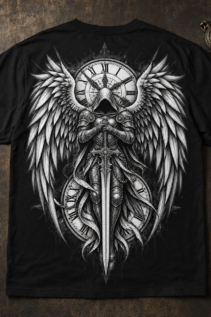 Ausgebreitetes schwarzes T-Shirt mit Engel-Print in Schwarzweiß auf rustikalem Untergrund, daneben eine kleine Wanduhr als Deko.