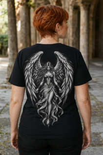 Schwarzes Engel T-Shirt von hinten getragen von einer Frau mit kurzen roten Haaren in einer Säulenpassage, schwarzweißes Flügelmotiv sichtbar.