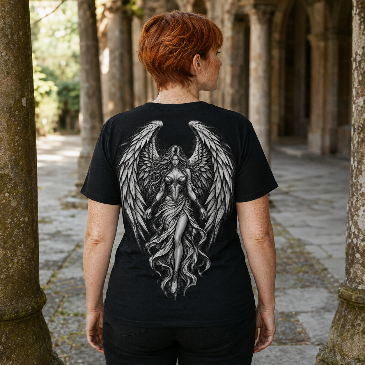 Schwarzes Engel T-Shirt von hinten getragen von einer Frau mit kurzen roten Haaren in einer Säulenpassage, schwarzweißes Flügelmotiv sichtbar.