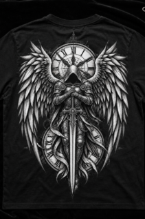 Schwarzes T-Shirt flach auf dunklem Stoff drapiert, zentraler Engel-Backprint in Schwarzweiß mit Flügeln, Schwert und Uhr-Motiv, oben rechts eine Kette.