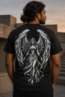 Schwarzes T-Shirt mit großem schwarzweißem Engelmotiv, von hinten getragen von einem Mann in moderner Betonarchitektur bei Sonnenuntergang.