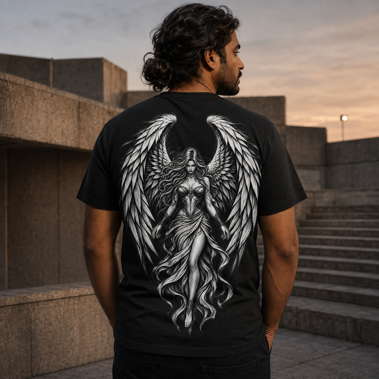 Schwarzes T-Shirt mit großem schwarzweißem Engelmotiv, von hinten getragen von einem Mann in moderner Betonarchitektur bei Sonnenuntergang.