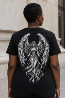 Schwarzes T-Shirt mit großem schwarzweißem Engelmotiv, von hinten getragen von einer Frau vor heller Steinfassade, spirituelle mode.