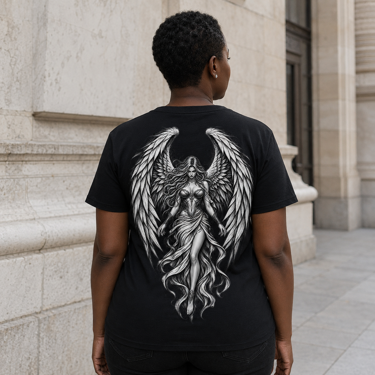 Schwarzes T-Shirt mit großem schwarzweißem Engelmotiv, von hinten getragen von einer Frau vor heller Steinfassade, spirituelle mode.