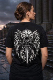 Rückenansicht einer Frau mit hochgestecktem Haar auf schwarzem T-Shirt, Engel-Motiv mit Flügeln, Schwert und Uhr-Motiv vor Treppe und Abendhimmel.