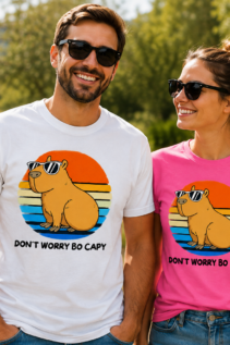 Pärchen trägt individuell bedruckte T-Shirts mit Sonnenuntergangs-Motiv, DTF-Druck von WebZen