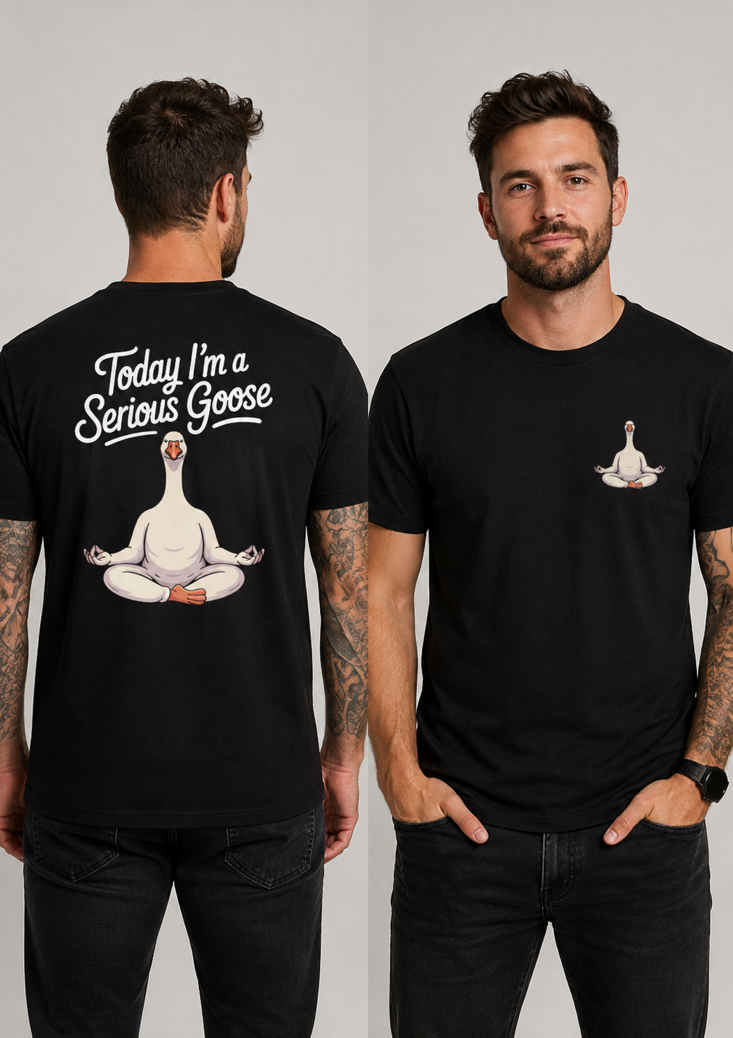 Shirt mit Spruch Today I'm a Serious Goose, meditierende Gans im Yoga-Sitz, Front- und Backprint, individuell bedrucktes T-Shirt von WebZen