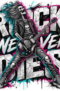 Freigestelltes Rock T-Shirt-Motiv mit skelettartigem Gitarristen vor „Rock Never Dies“ in Schwarz, Pink und Türkis, als dark graphic tee