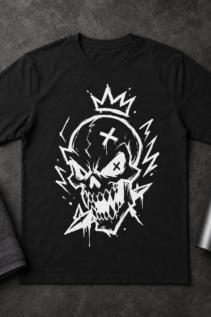 Schwarzes T-Shirt mit großem weißem Totenkopf-Print als flach ausgelegte Produktaufnahme auf dunklem Hintergrund, daneben graues Handtuch und schwarze Trinkflasche; gothic shirt, dark streetwear.